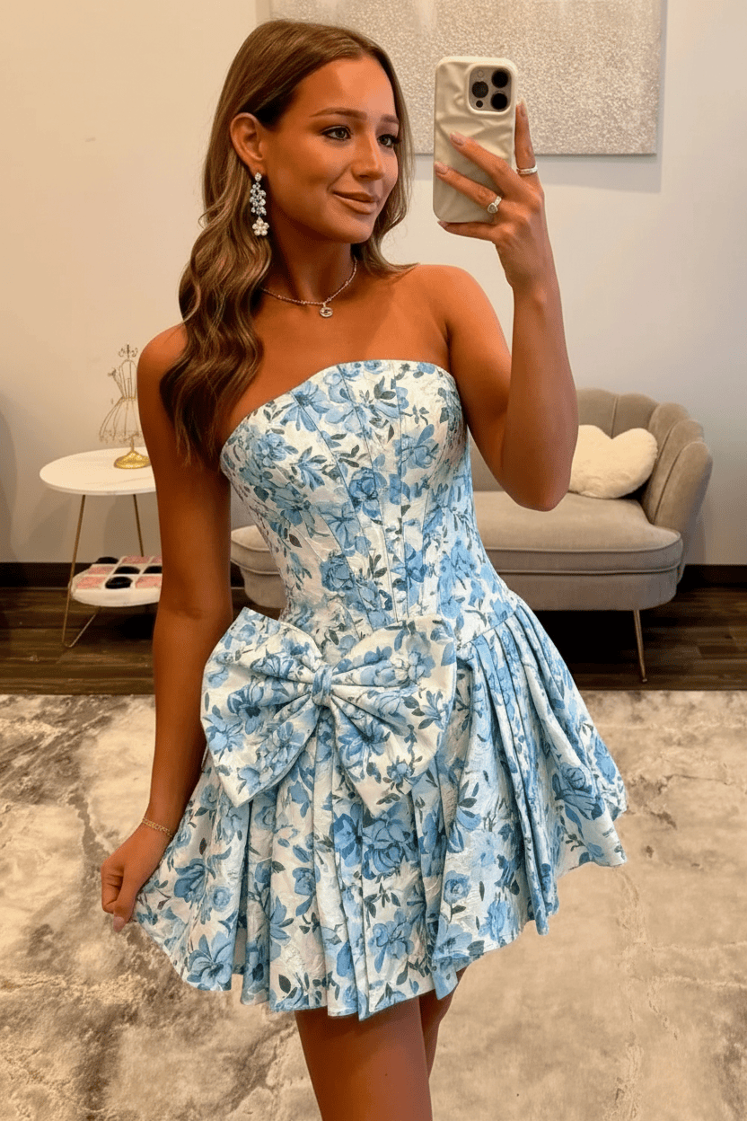 Stunning Floral Strapless Party Dress with Structured Corset and Flared A-Line Skirt