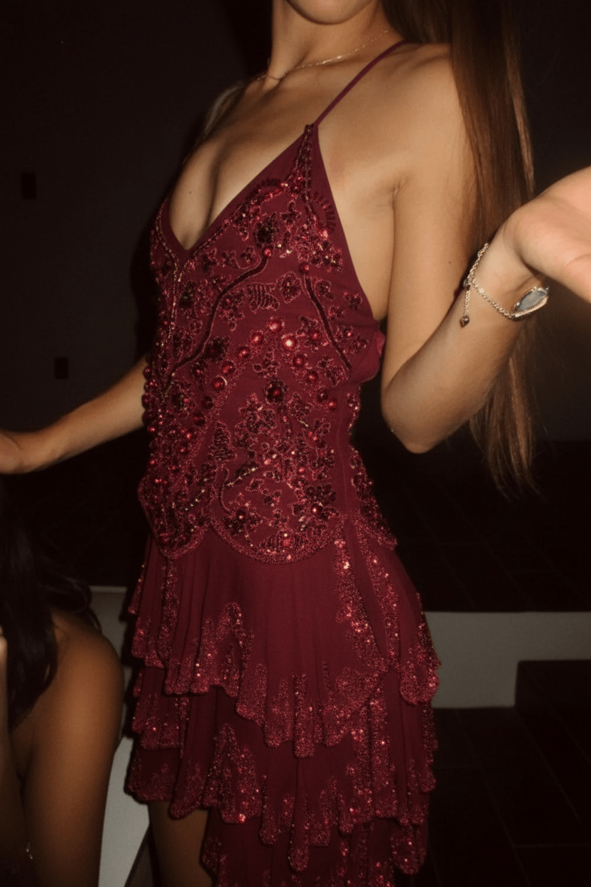 Glamorous Homecoming Dress with Beaded Embellishments and Layered Skirt