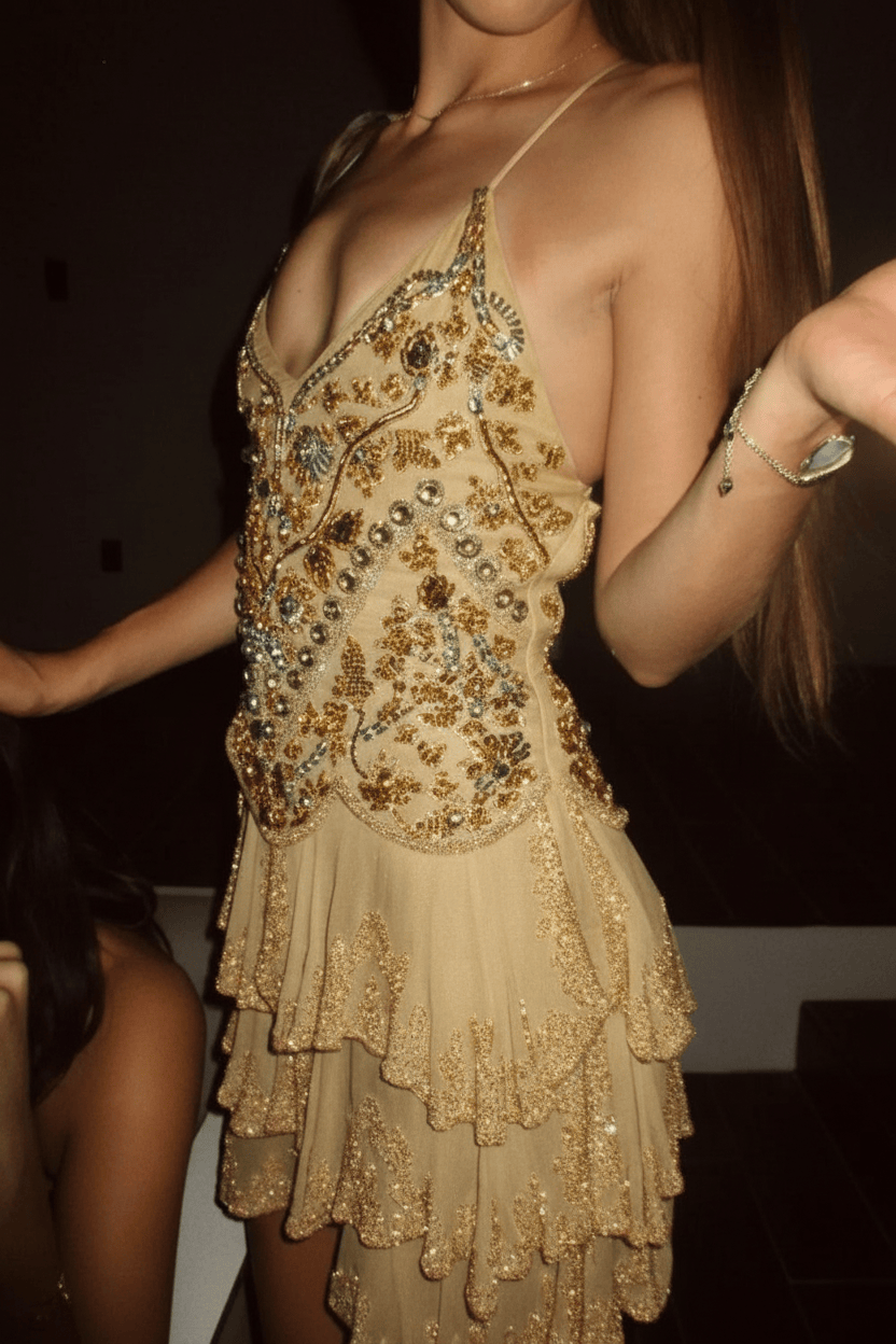 Glamorous Homecoming Dress with Beaded Embellishments and Layered Skirt