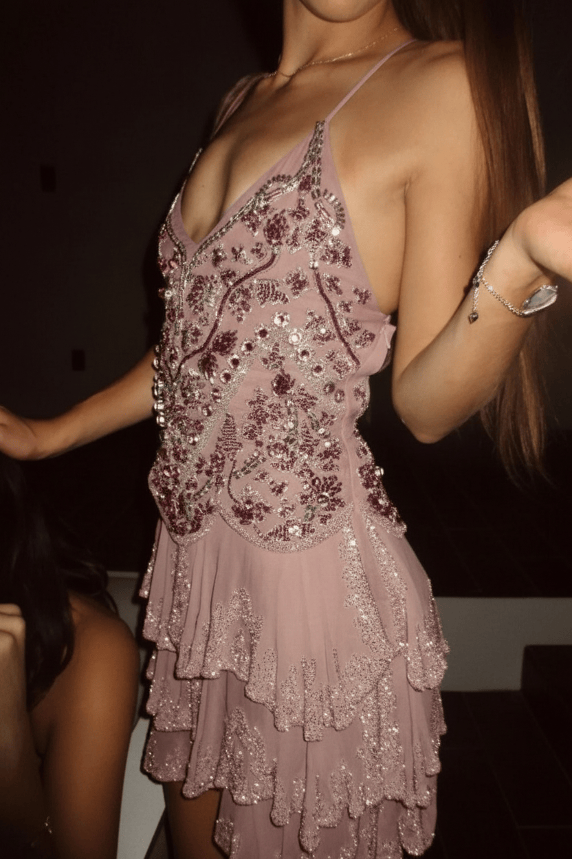 Glamorous Homecoming Dress with Beaded Embellishments and Layered Skirt