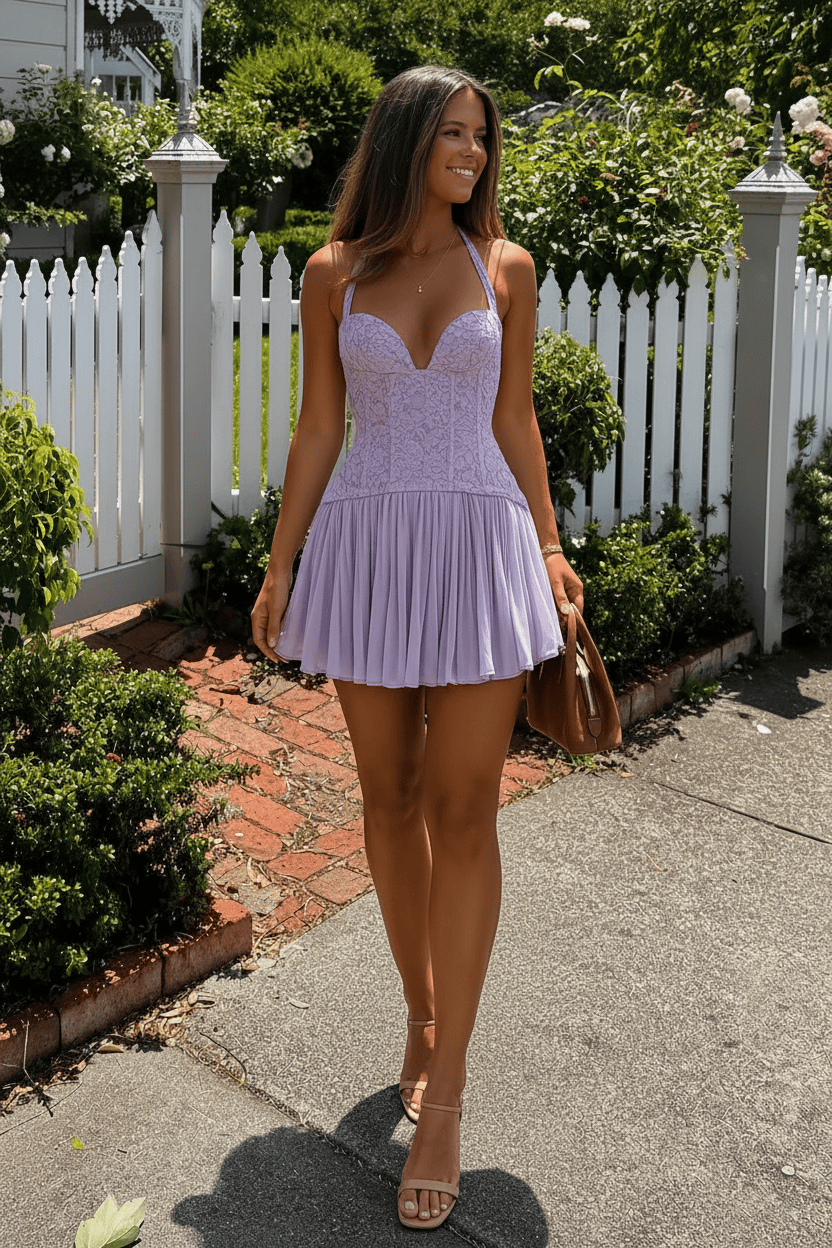 Sage Green Lace Corset Halter Homecoming Dress with Pleated Skirt