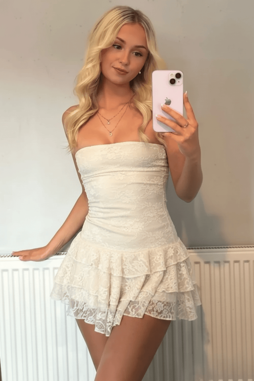 Light Blue Strapless Lace Homecoming Dress with Tiered Ruffle Skirt
