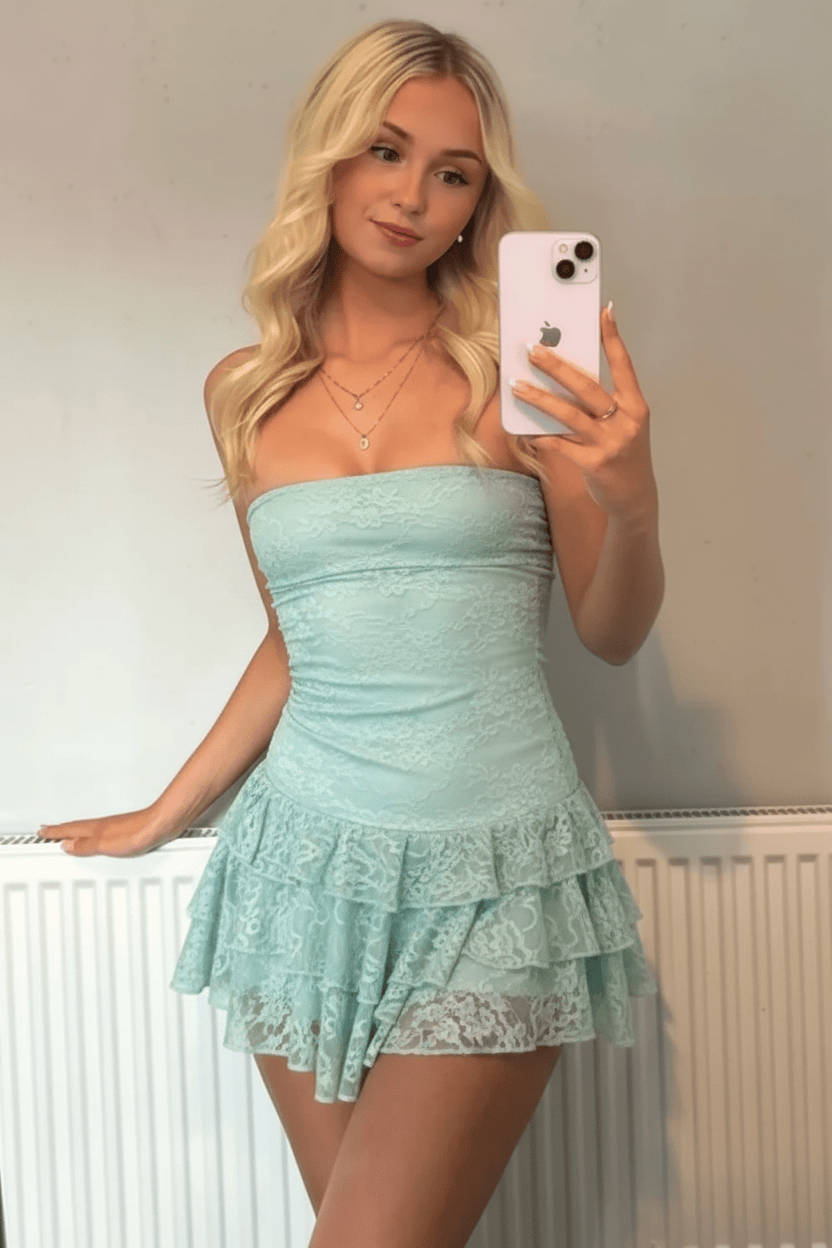 Light Blue Strapless Lace Homecoming Dress with Tiered Ruffle Skirt
