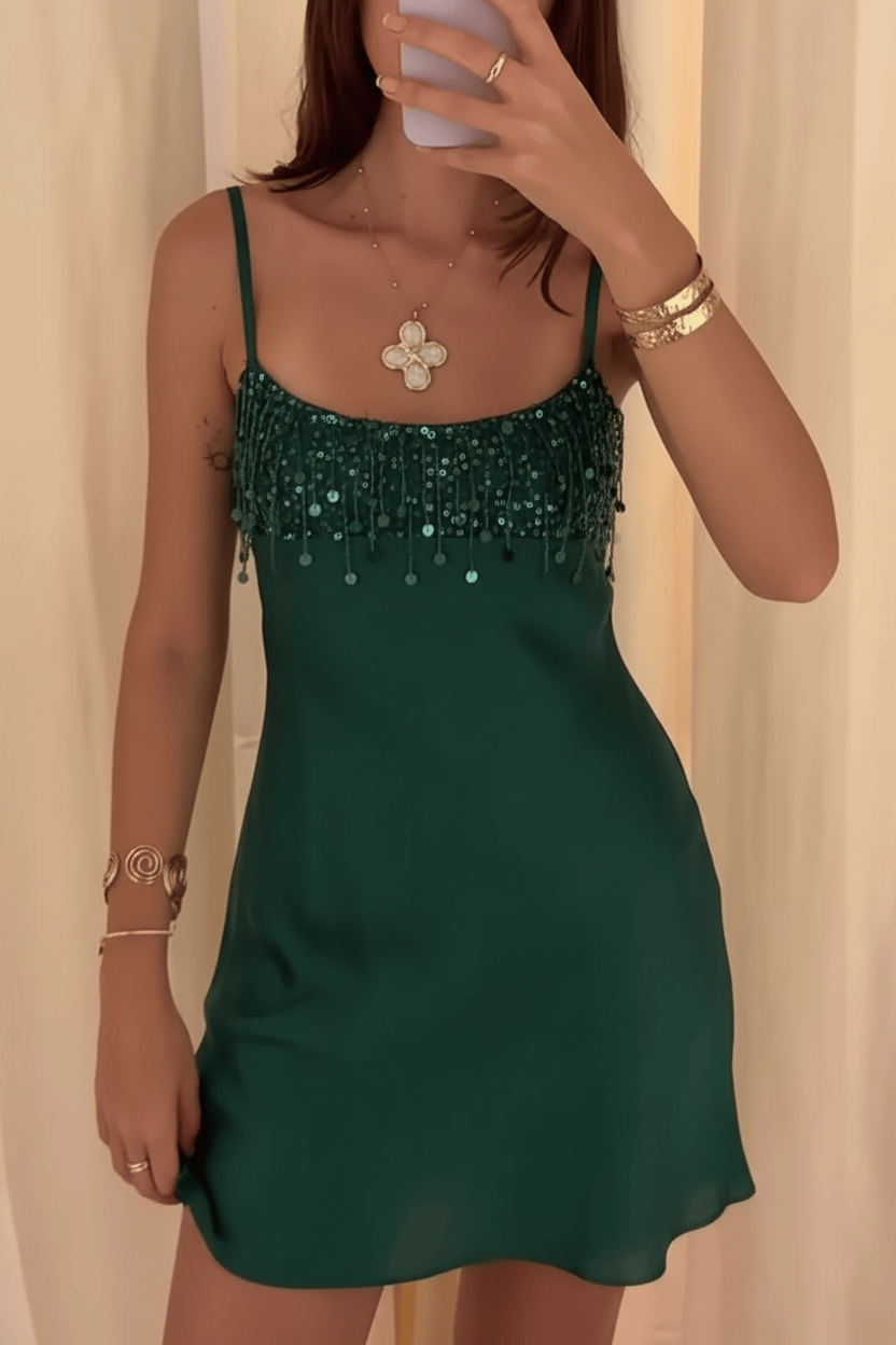 Stunning A Line Spaghetti Straps Green Satin Short Homecoming Dress with Taasels