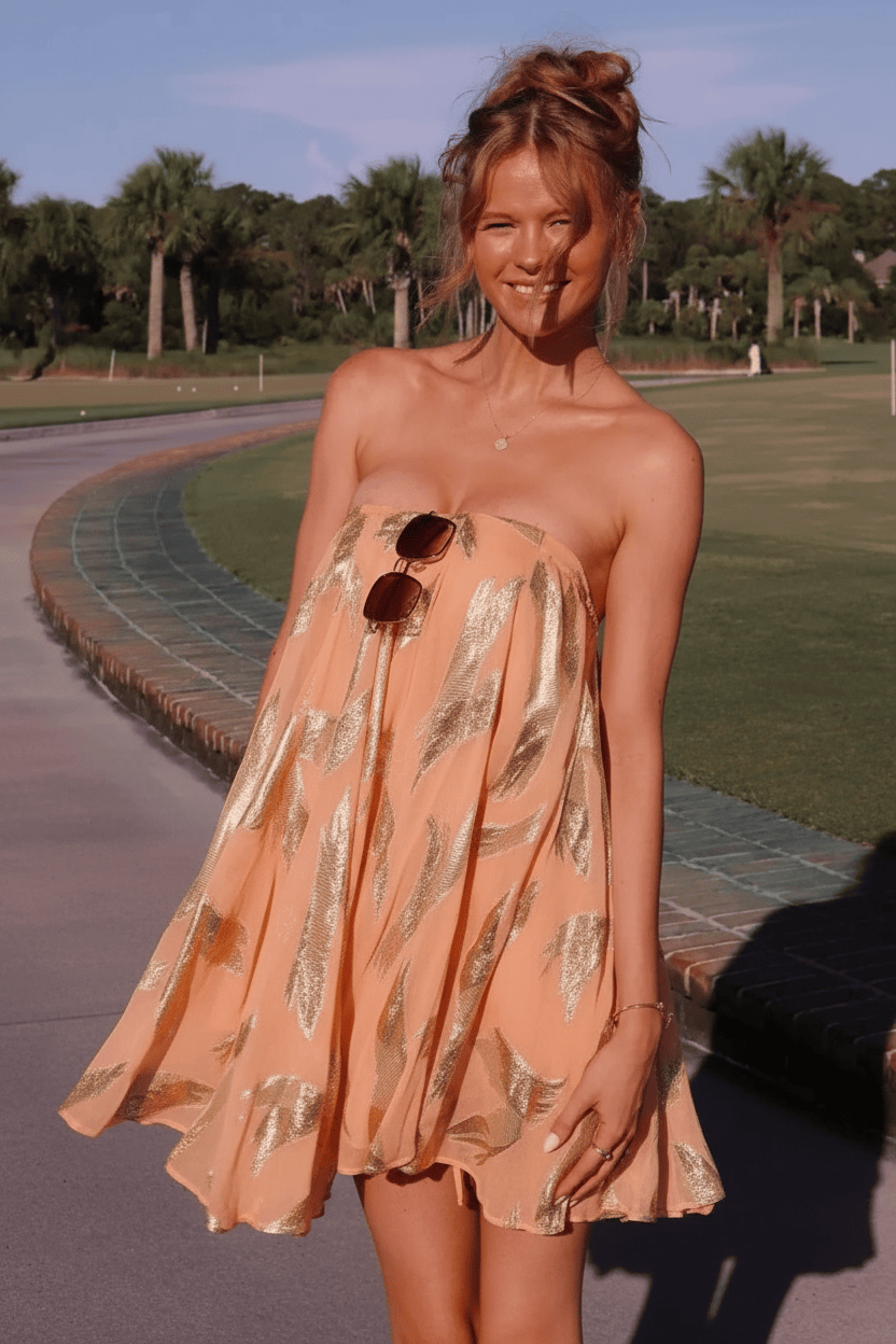 Glamorous A Line Strapless Light Yellow Printed Short Homecoming Dress with Ruffles