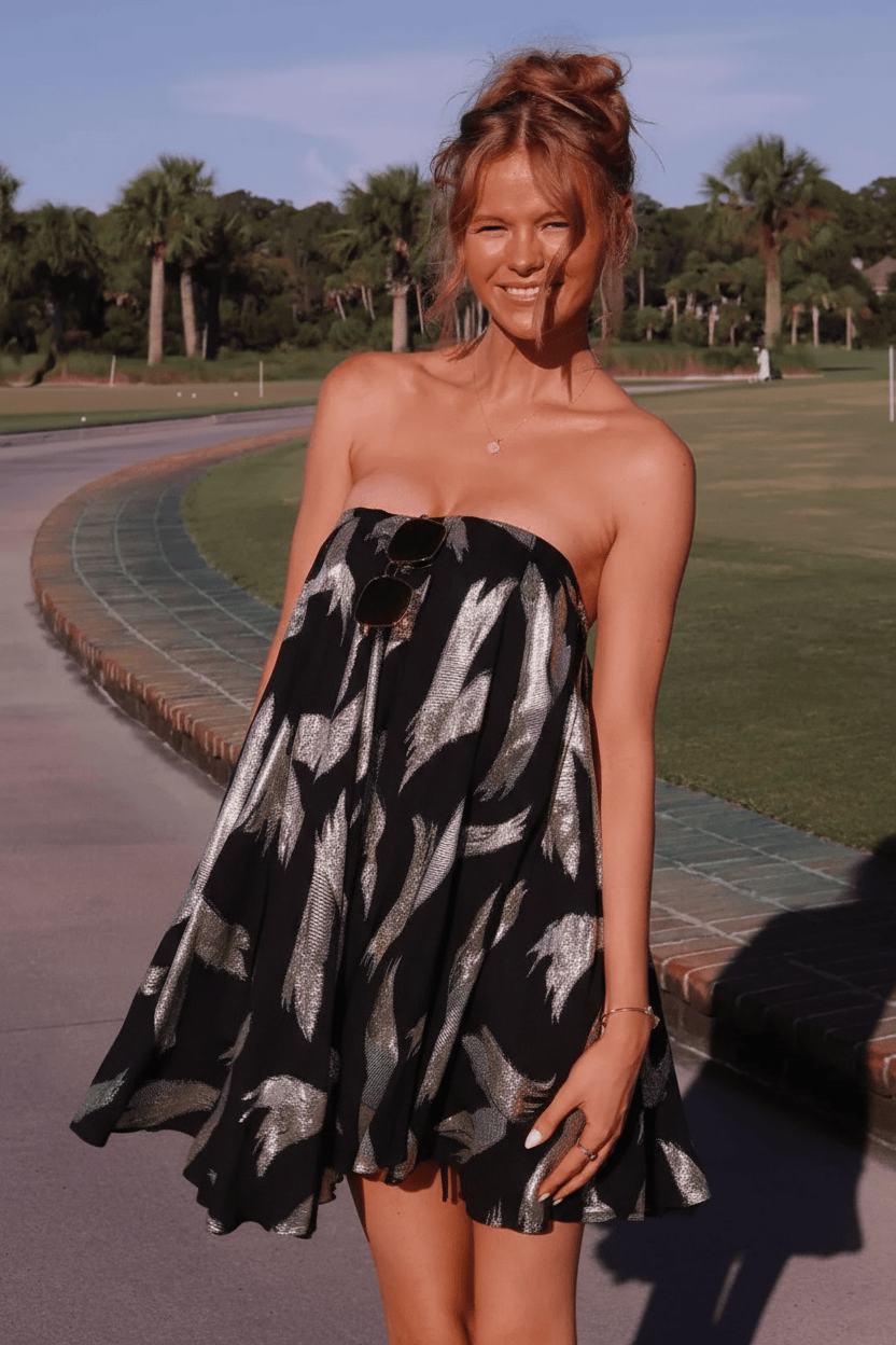 Glamorous A Line Strapless Light Yellow Printed Short Homecoming Dress with Ruffles
