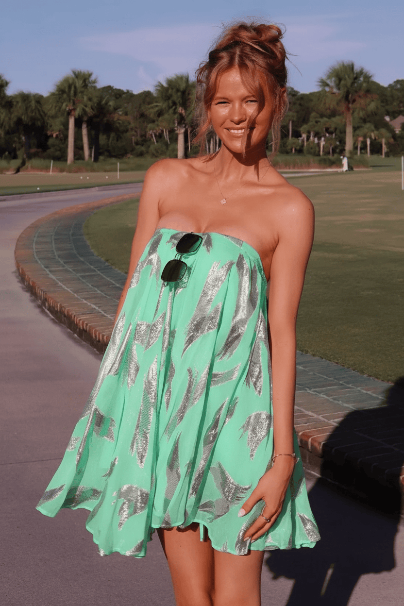 Glamorous A Line Strapless Light Yellow Printed Short Homecoming Dress with Ruffles
