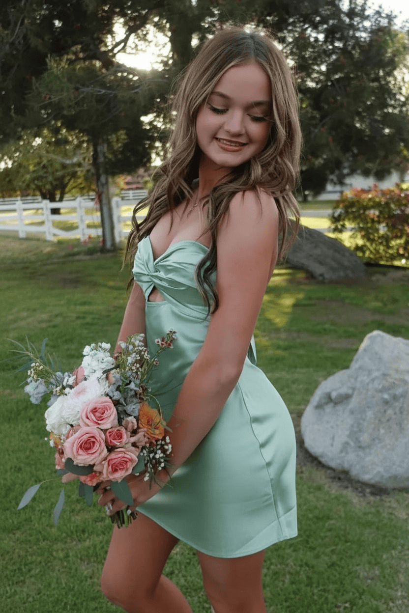 Chic Mint Green Satin Bodycon Short Homecoming Dress with Twist Front