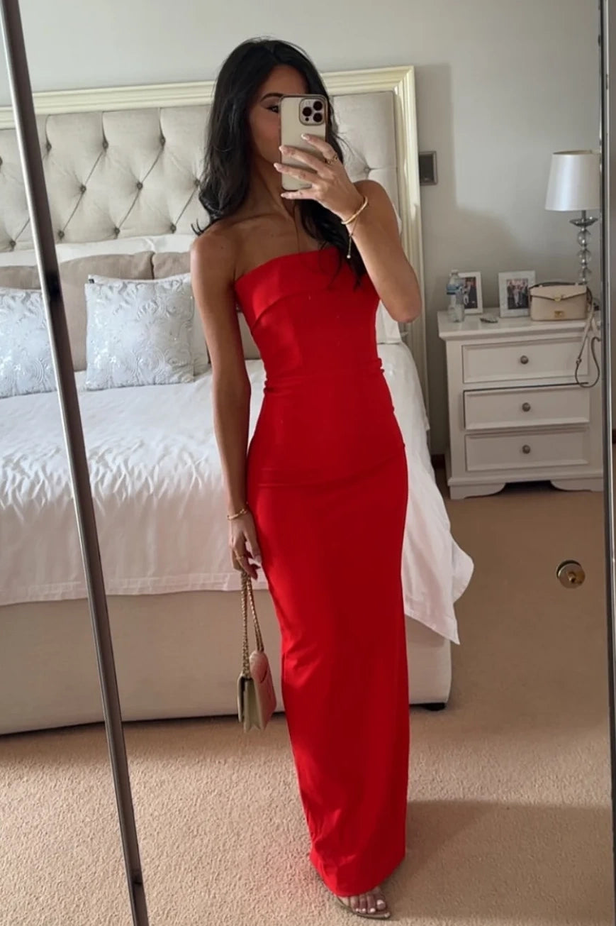 Hot Mermaid Strapless Red Long Prom Dress with Ruched Slit