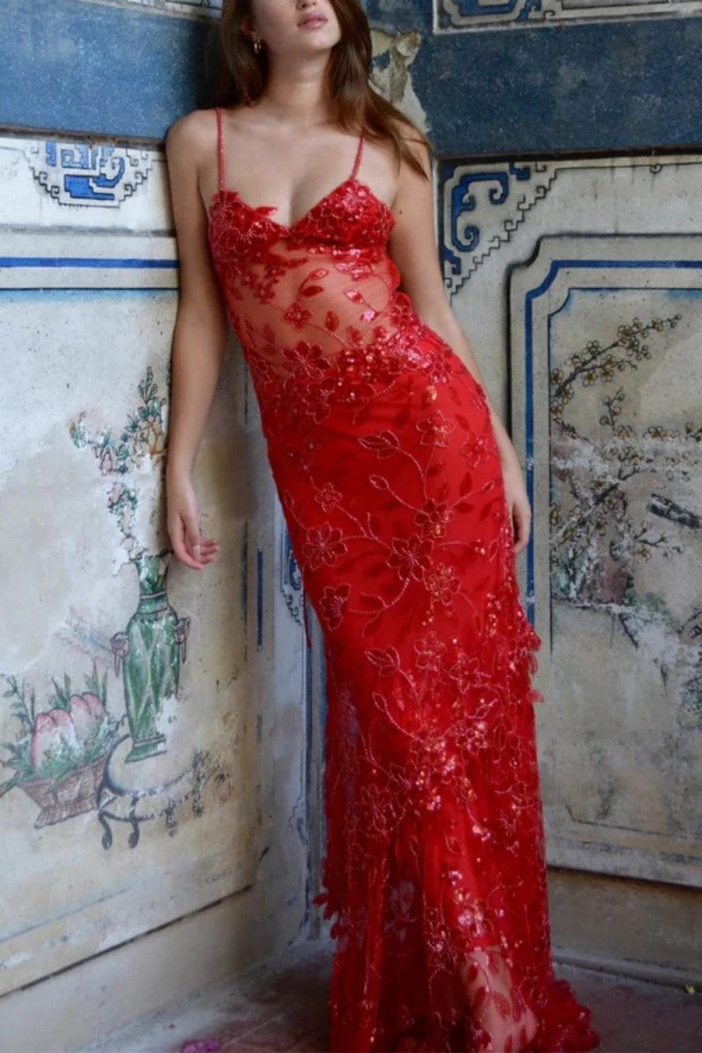 Hot Mermaid Spaghetti Straps Red Long Prom Dress with Embroidery