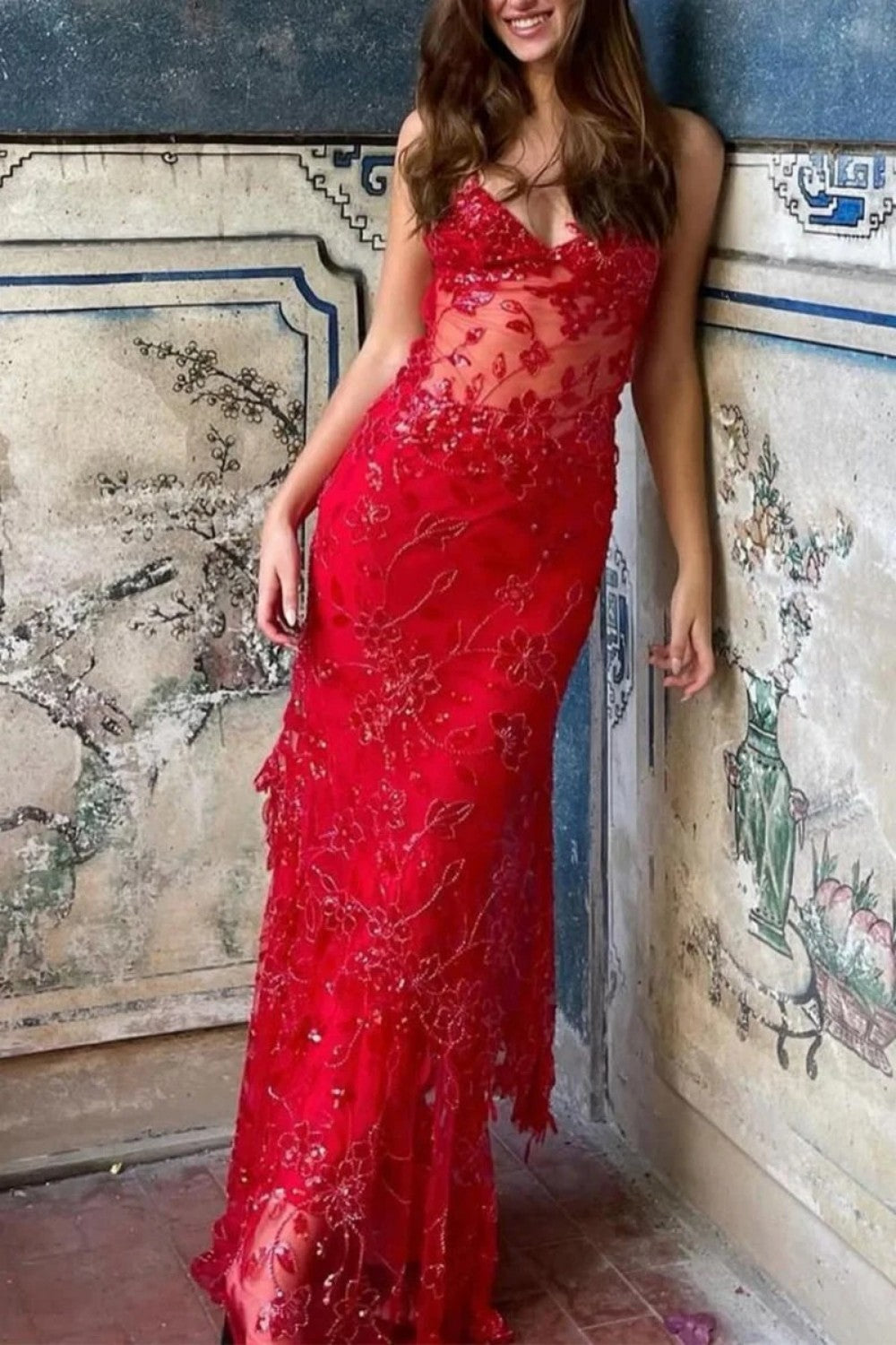 Hot Mermaid Spaghetti Straps Red Long Prom Dress with Embroidery