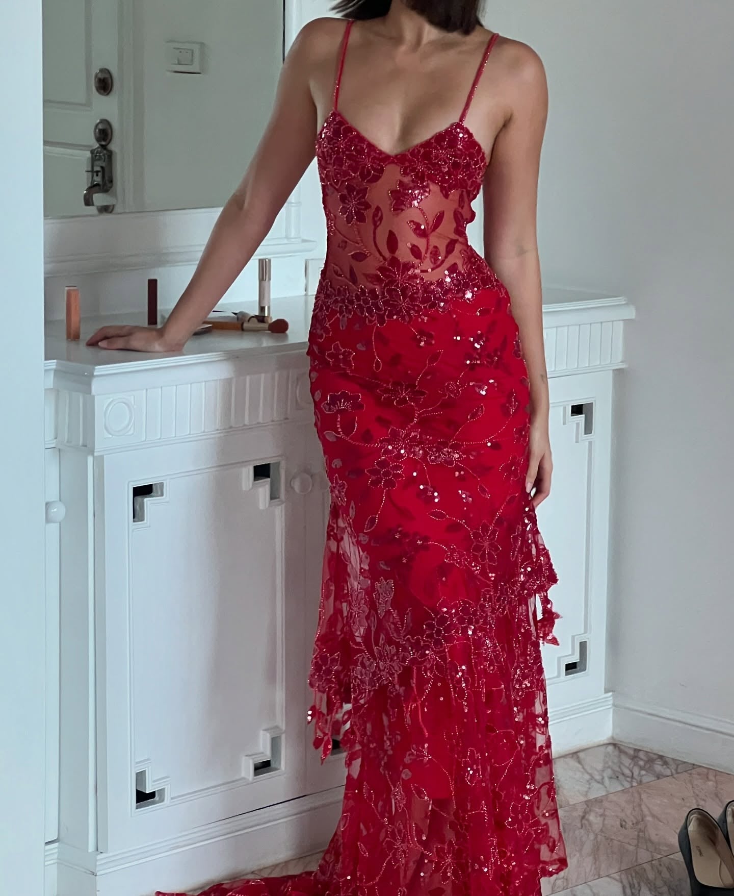 Hot Mermaid Spaghetti Straps Red Long Prom Dress with Embroidery
