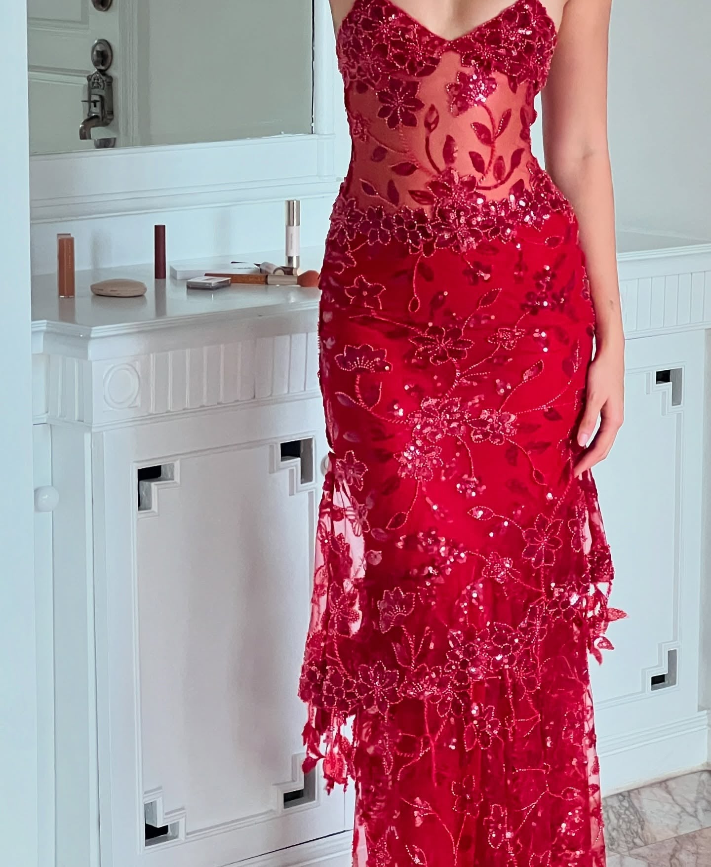 Hot Mermaid Spaghetti Straps Red Long Prom Dress with Embroidery
