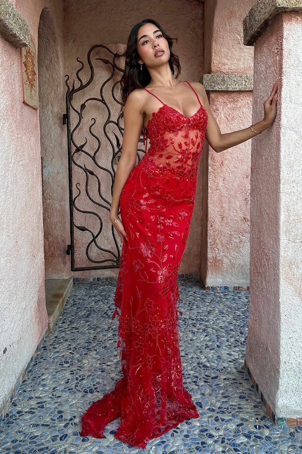 Hot Mermaid Spaghetti Straps Red Long Prom Dress with Embroidery