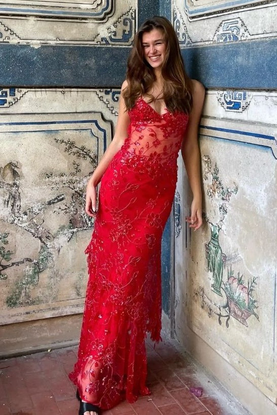 Hot Mermaid Spaghetti Straps Red Long Prom Dress with Embroidery