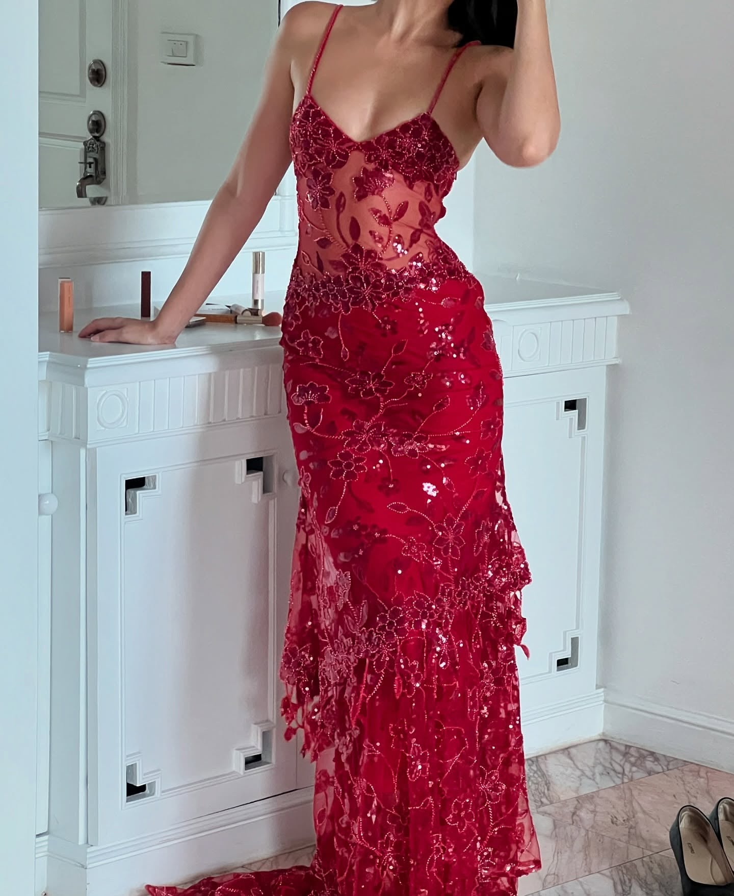 Hot Mermaid Spaghetti Straps Red Long Prom Dress with Embroidery