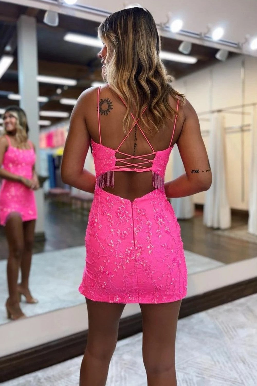 Hot Pink Sequin Lace Up Spaghetti Strap Homecoming Dress with Fringe Hem Detail
