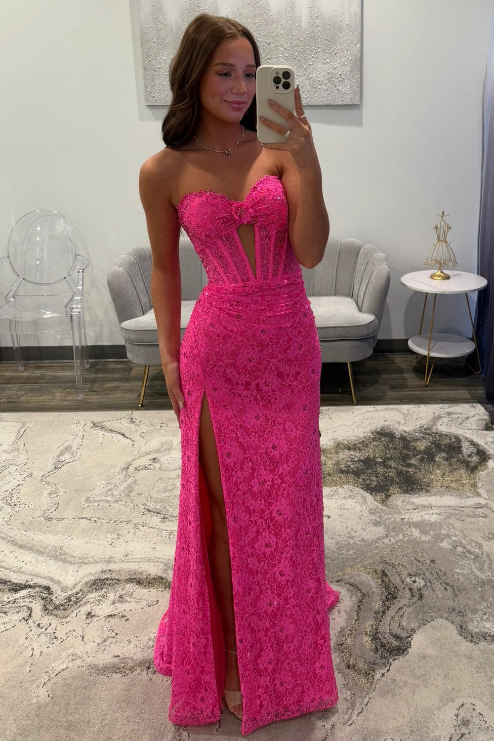 Hot Pink Sweetheart Lace Mermaid Prom Dress with Corset Bodice and Slit