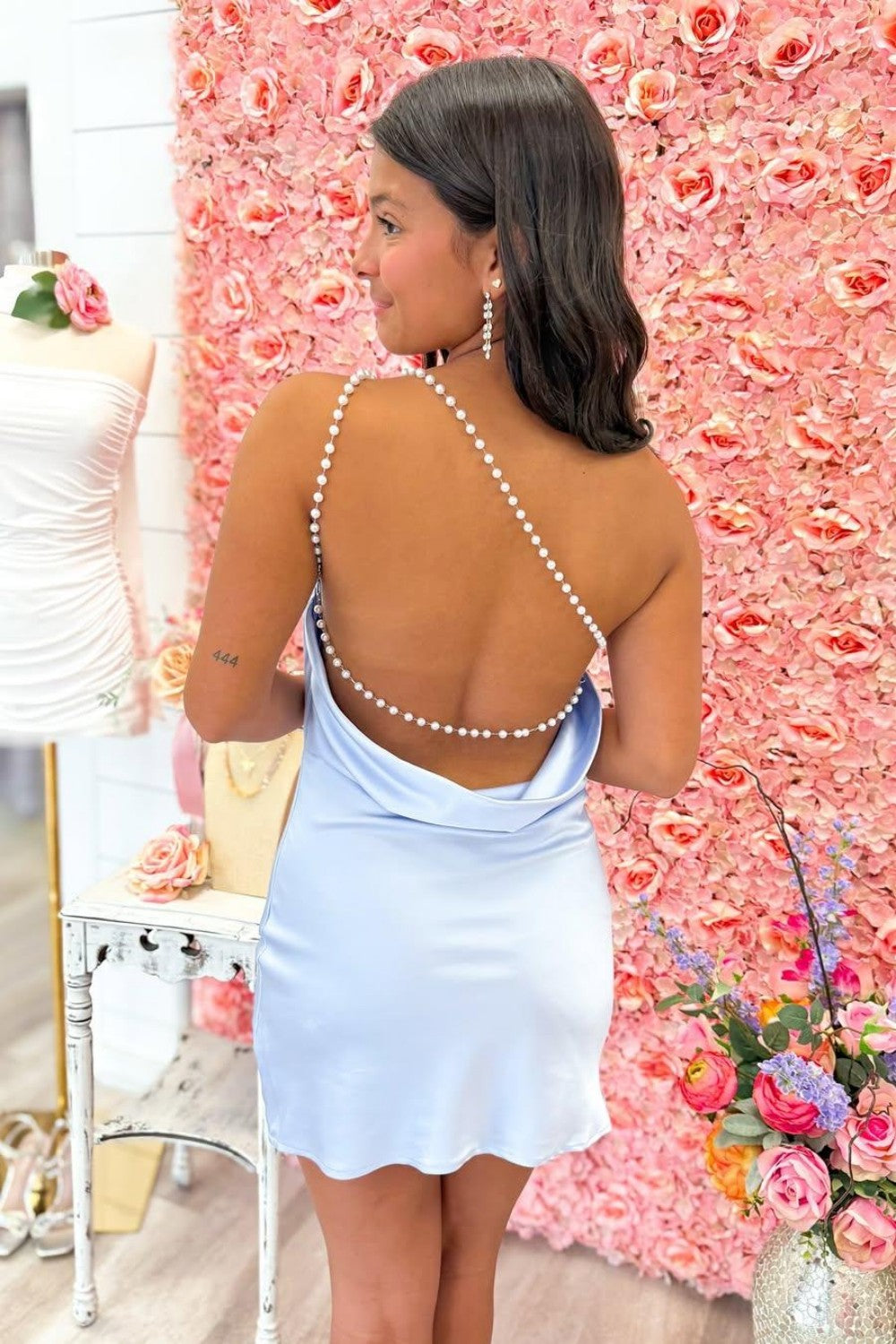 Ice Blue Satin Cowl Back Mini Homecoming Dress with Pearl Straps