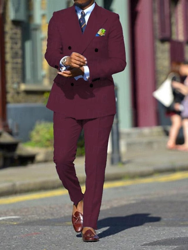 Men's Standard Fit Double Breasted Six-buttons 2 Pieces Solid Colored Wedding Suits Burgundy