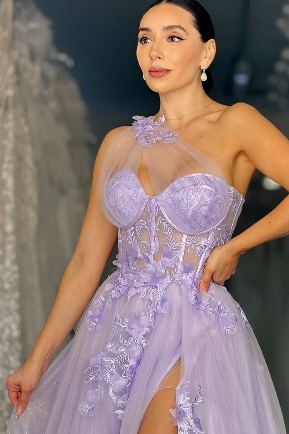 Lavender One-Shoulder Floral Appliqué Tulle Prom Gown with High Slit