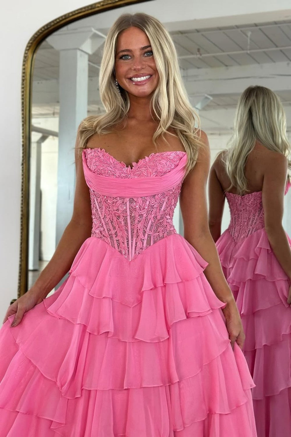 Layered Ruffle A-Line Prom Dress with Embellished Lace Bodice and Leg Slit