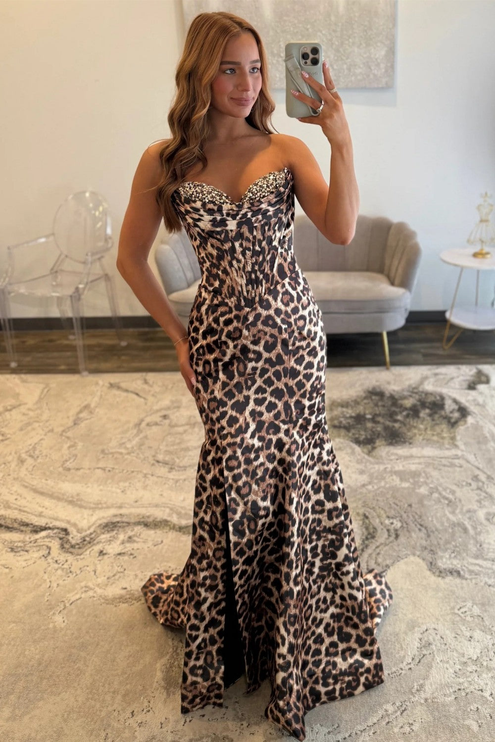 Leopard Print Strapless Mermaid Corset Prom Dress with Beaded Bodice