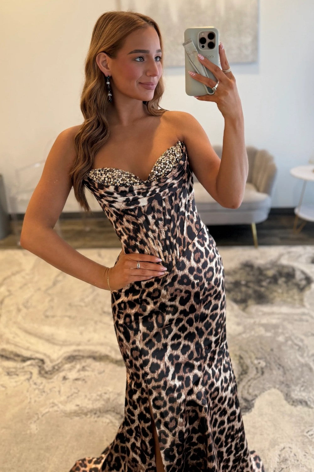 Leopard Print Strapless Mermaid Corset Prom Dress with Beaded Bodice