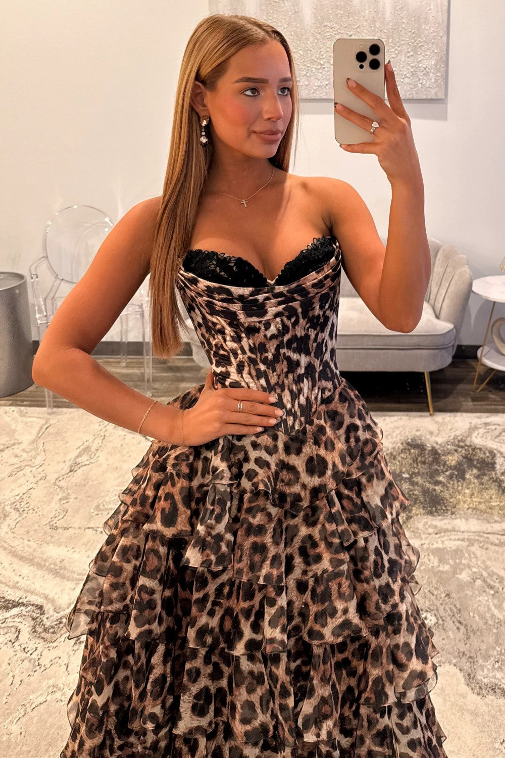 Leopard Print Sweetheart Corset Prom Dress With Tiered Ruffles
