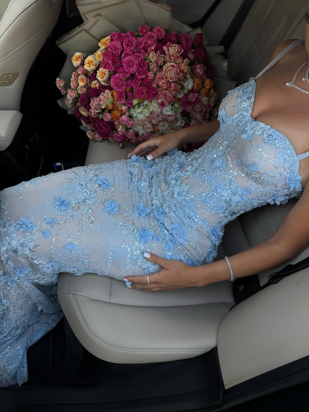 Light Blue 3D Floral Lace Beaded Mermaid Prom Dress with Illusion Corset Bodice