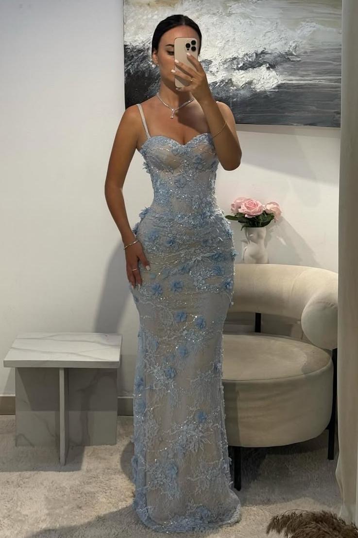 Light Blue 3D Floral Lace Beaded Mermaid Prom Dress with Illusion Corset Bodice