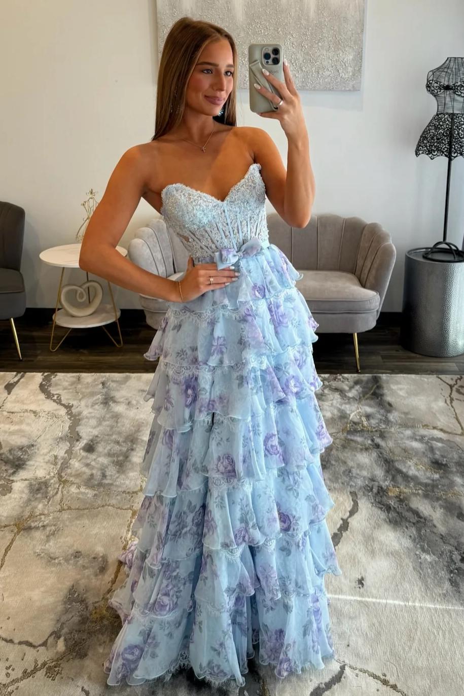 Light Blue A-Line Floral Tiered Ruffle Corset Prom Dress with Slit and Lace Up Back