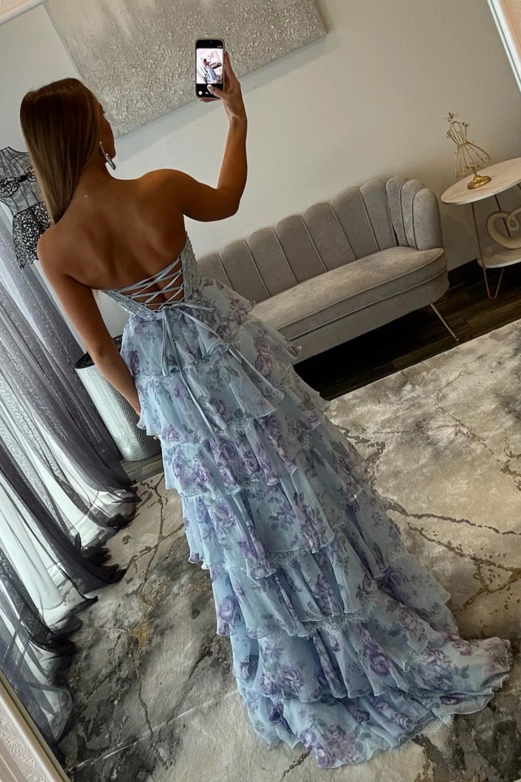 Light Blue A-Line Floral Tiered Ruffle Corset Prom Dress with Slit and Lace Up Back
