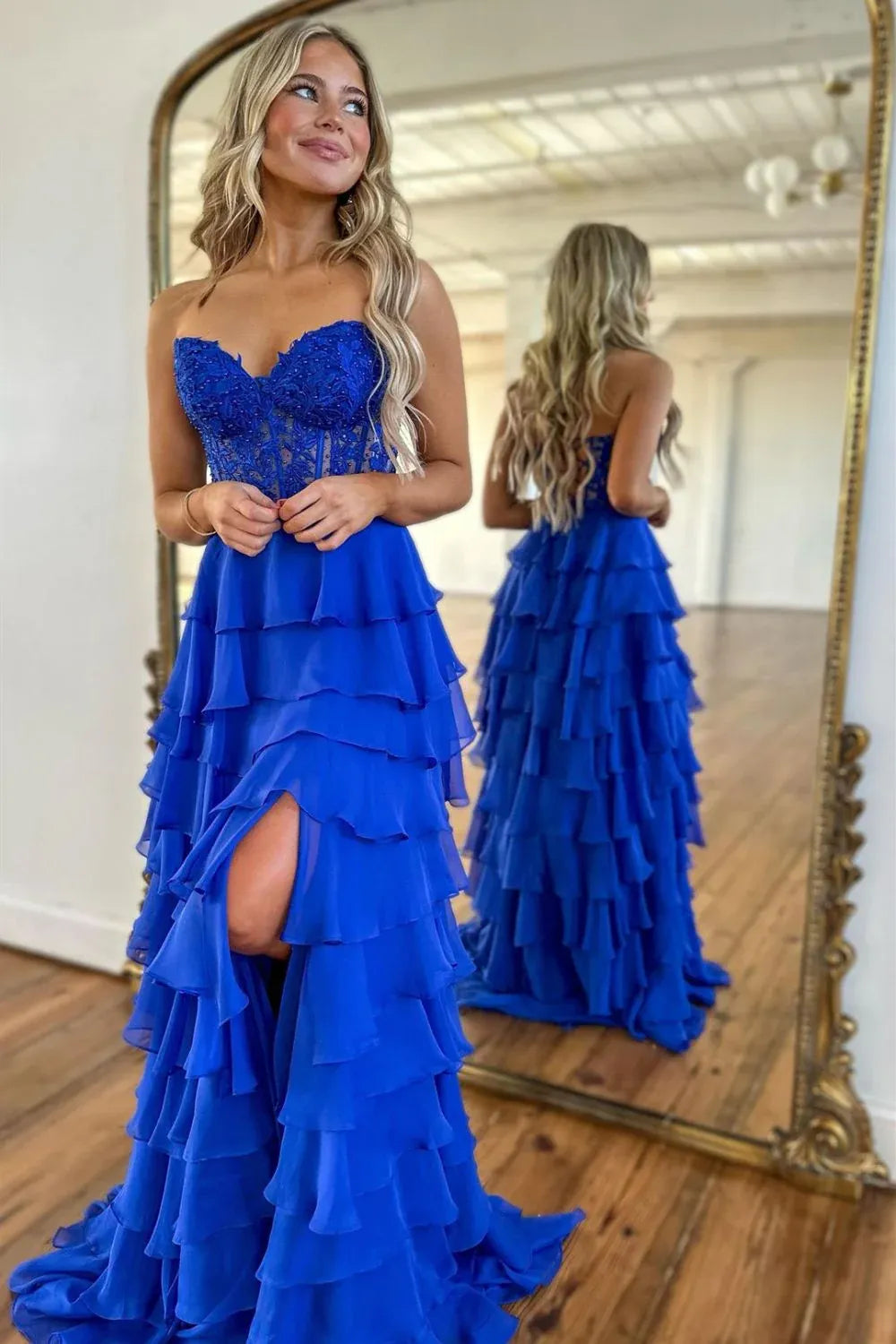 Cute Yellow Sweetheart Prom Dress with A Line Silhouette Tiered Chiffon and Slit