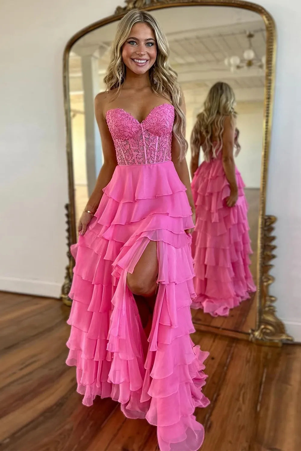 Cute Yellow Sweetheart Prom Dress with A Line Silhouette Tiered Chiffon and Slit