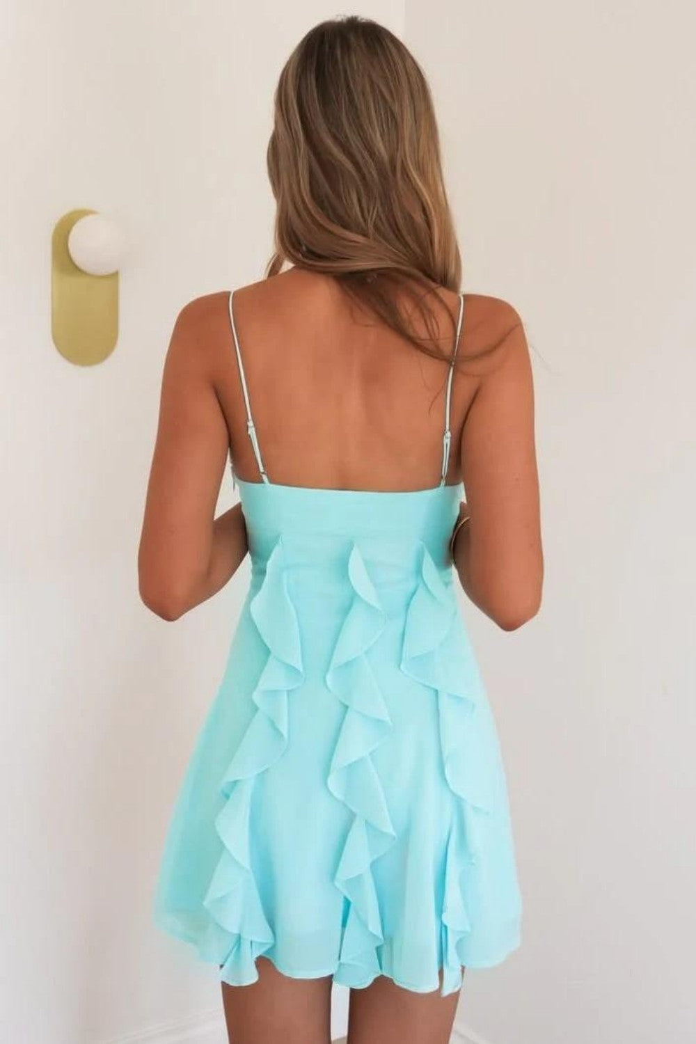 Light Blue Cascade Ruffle Spaghetti Straps Flowy Homecoming Dress