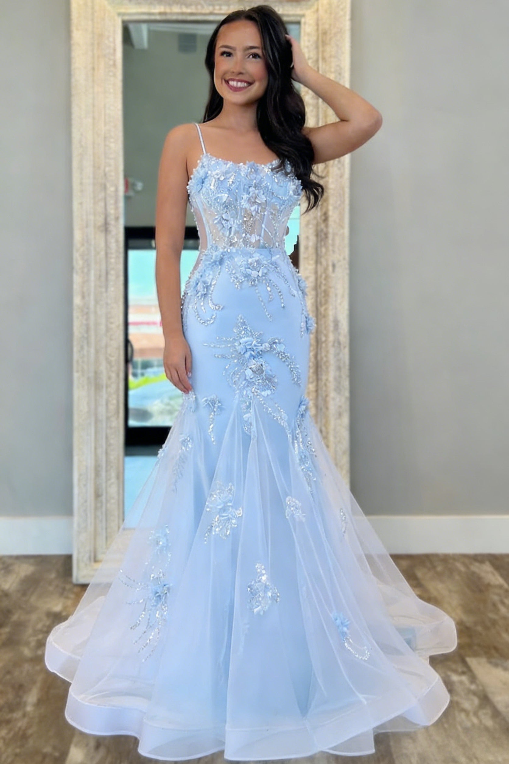 Light Blue Floral Appliqué Spaghetti StrapS Mermaid Prom Dress with Tulle Train