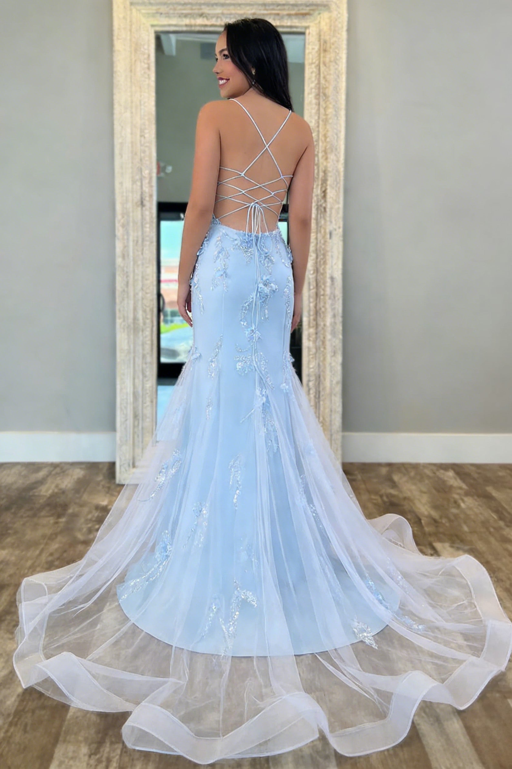 Light Blue Floral Appliqué Spaghetti StrapS Mermaid Prom Dress with Tulle Train