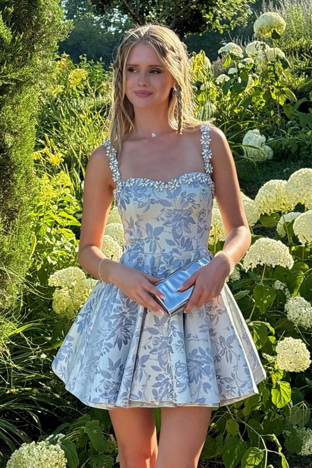 Light Blue Floral Fit & Flare Homecoming Dress with Beaded Shoulder Straps