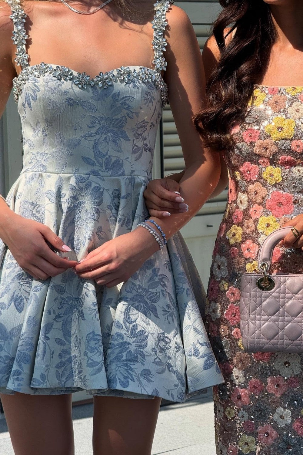 Light Blue Floral Fit & Flare Homecoming Dress with Beaded Shoulder Straps