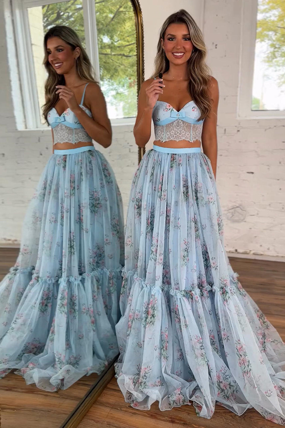 Light Blue Floral Two-Piece Prom Dress with Lace Crop Top & Tiered Tulle Skirt