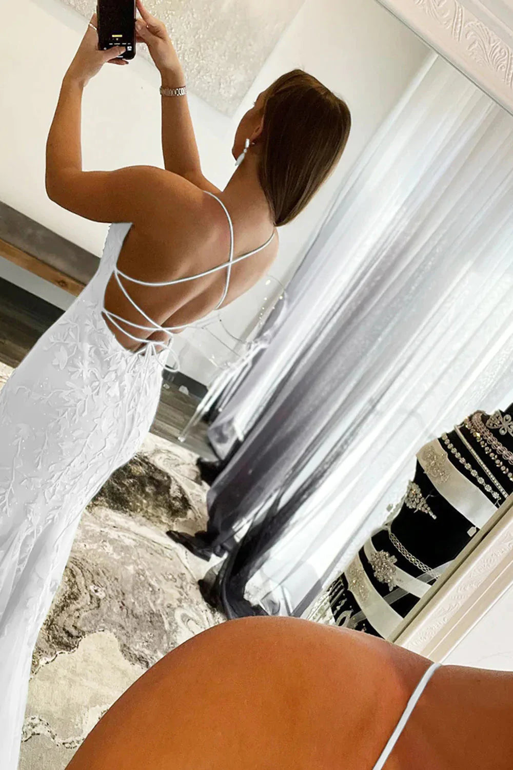 Light Blue Lace Appliqué Mermaid Prom Dress with Spaghetti Straps