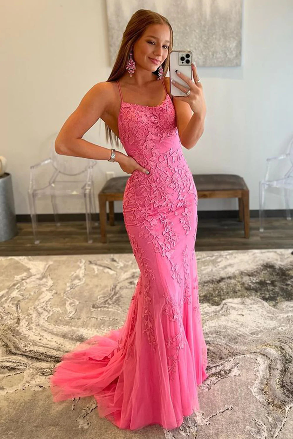 Light Blue Lace Appliqué Mermaid Prom Dress with Spaghetti Straps