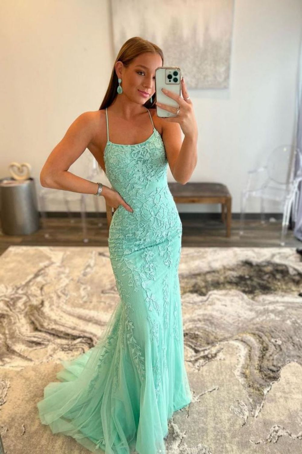 Light Blue Lace Appliqué Mermaid Prom Dress with Spaghetti Straps