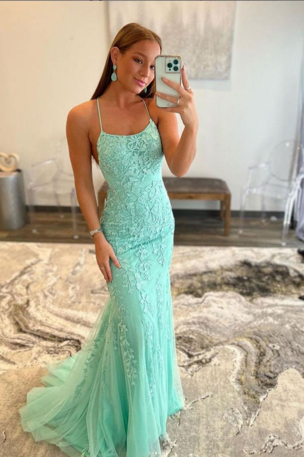 Light Blue Lace Appliqué Mermaid Prom Dress with Spaghetti Straps