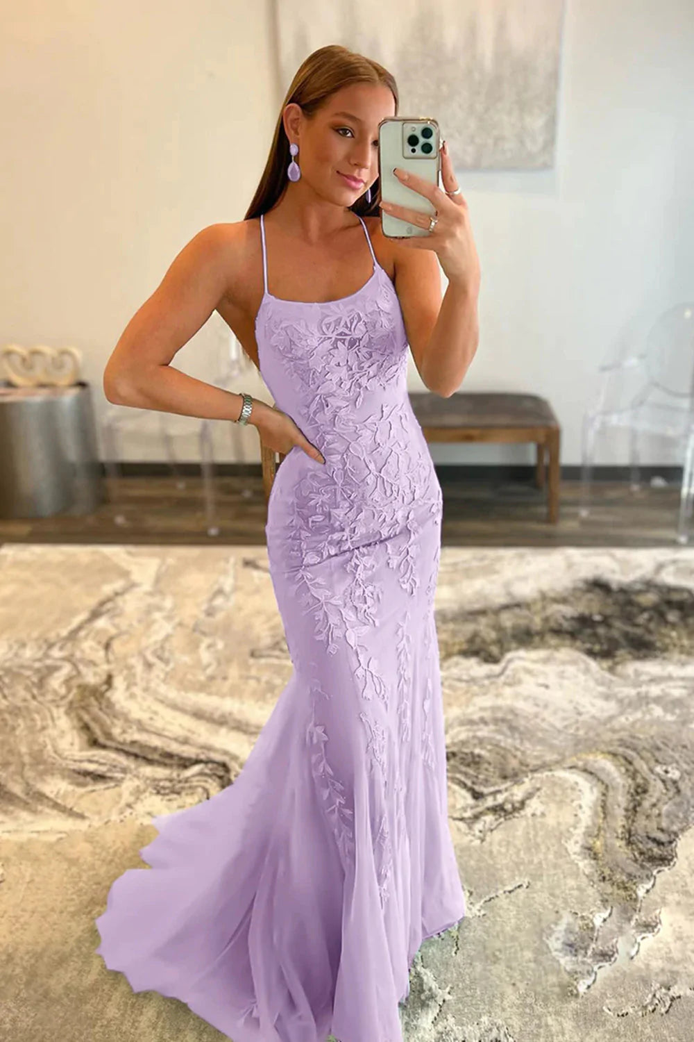 Light Blue Lace Appliqué Mermaid Prom Dress with Spaghetti Straps