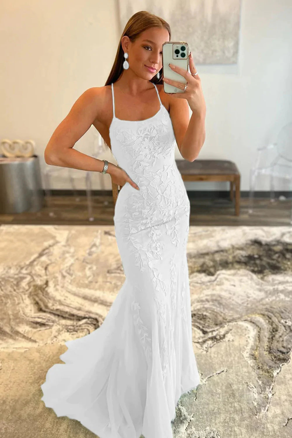 Light Blue Lace Appliqué Mermaid Prom Dress with Spaghetti Straps