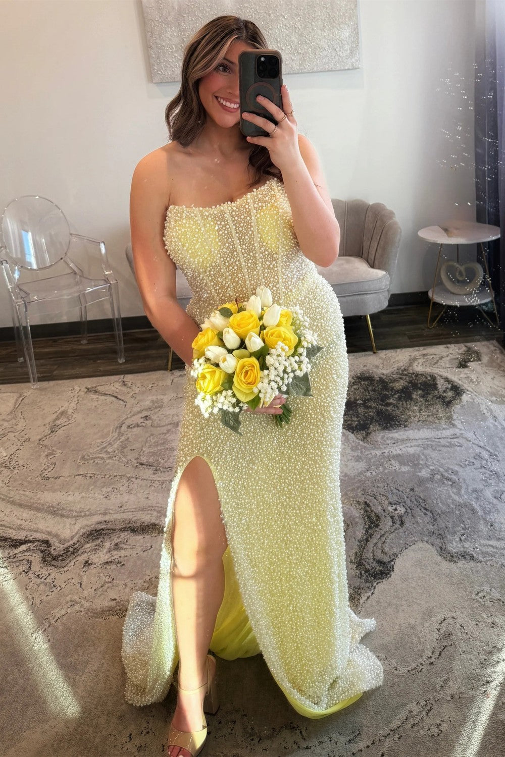 Light Blue Mermaid Strapless Sparkly Prom Dress with Pearls and High Slit