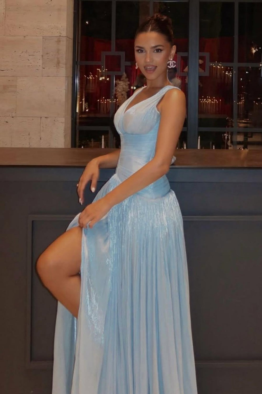 Light Blue Shimmer A-Line Evening Gown with Plunge Neck and Slit