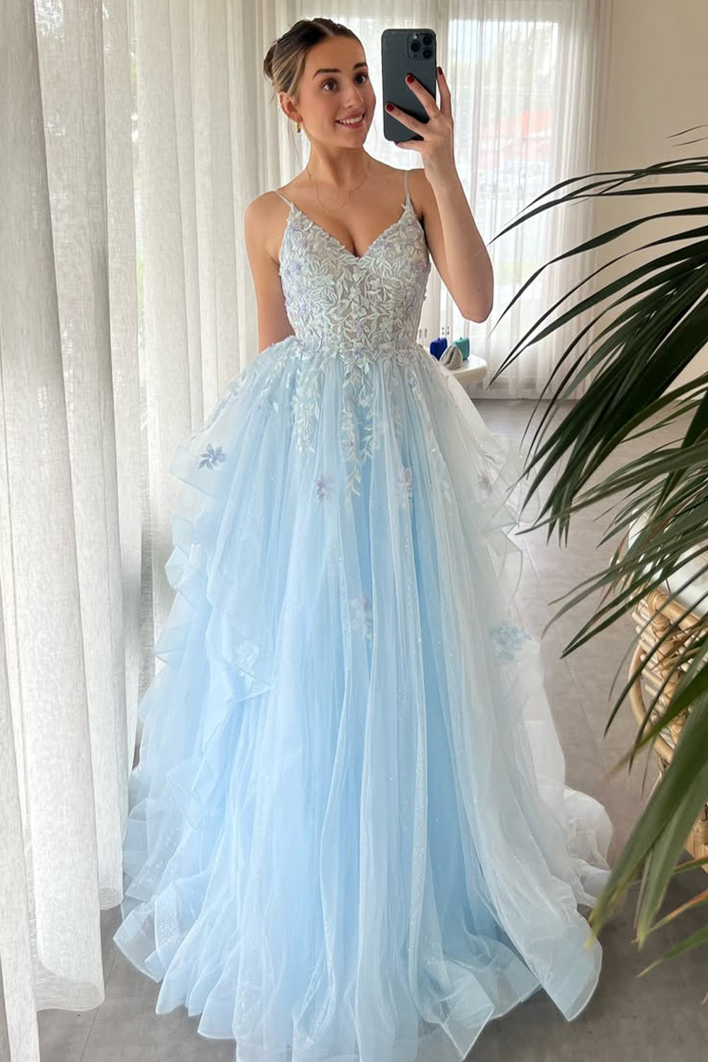 Light Blue Spaghetti Strap Prom Dress with Lace-Embroidered Bodice and Layered Tulle Skirt